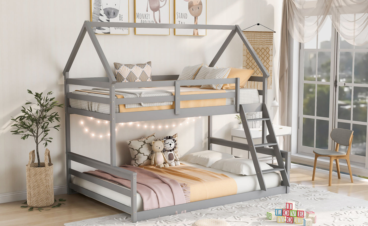 Twin Over Full House Bunk Bed With Built-In Ladder