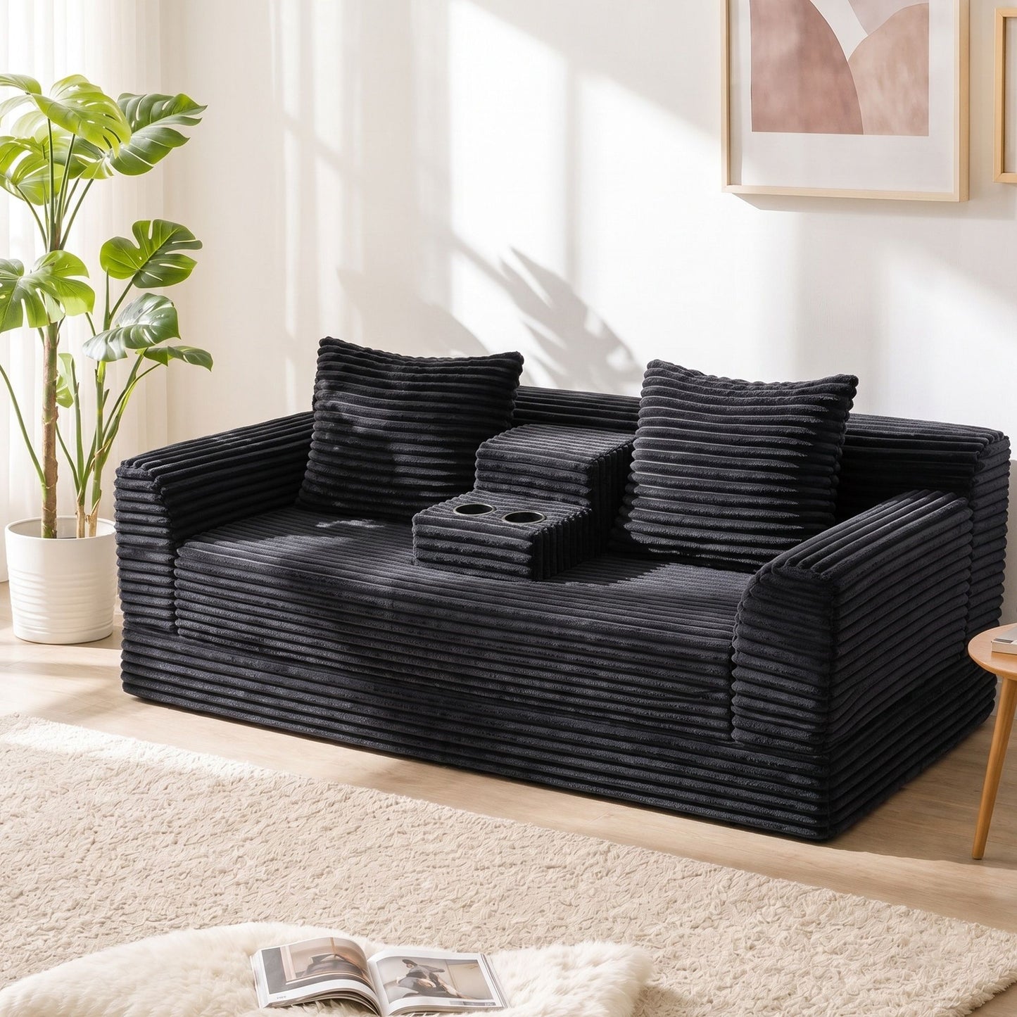 Soft Striped Convertible Sofa Bed, Dual Use Lounge Couch With Cup Holders And Pillows