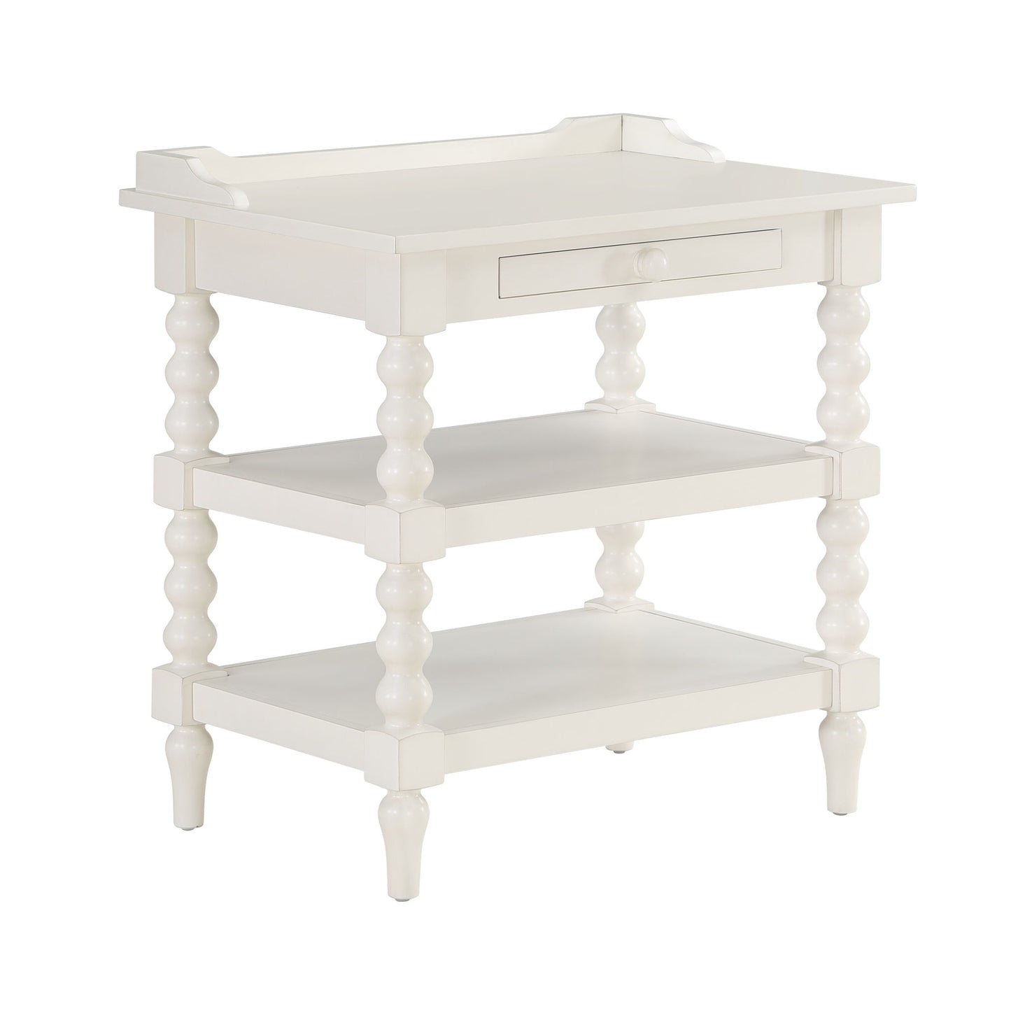 Aria - Nightstand With Styling, 2 Shelves, Pull Out Tray, Spool Turned Legs - Antique White