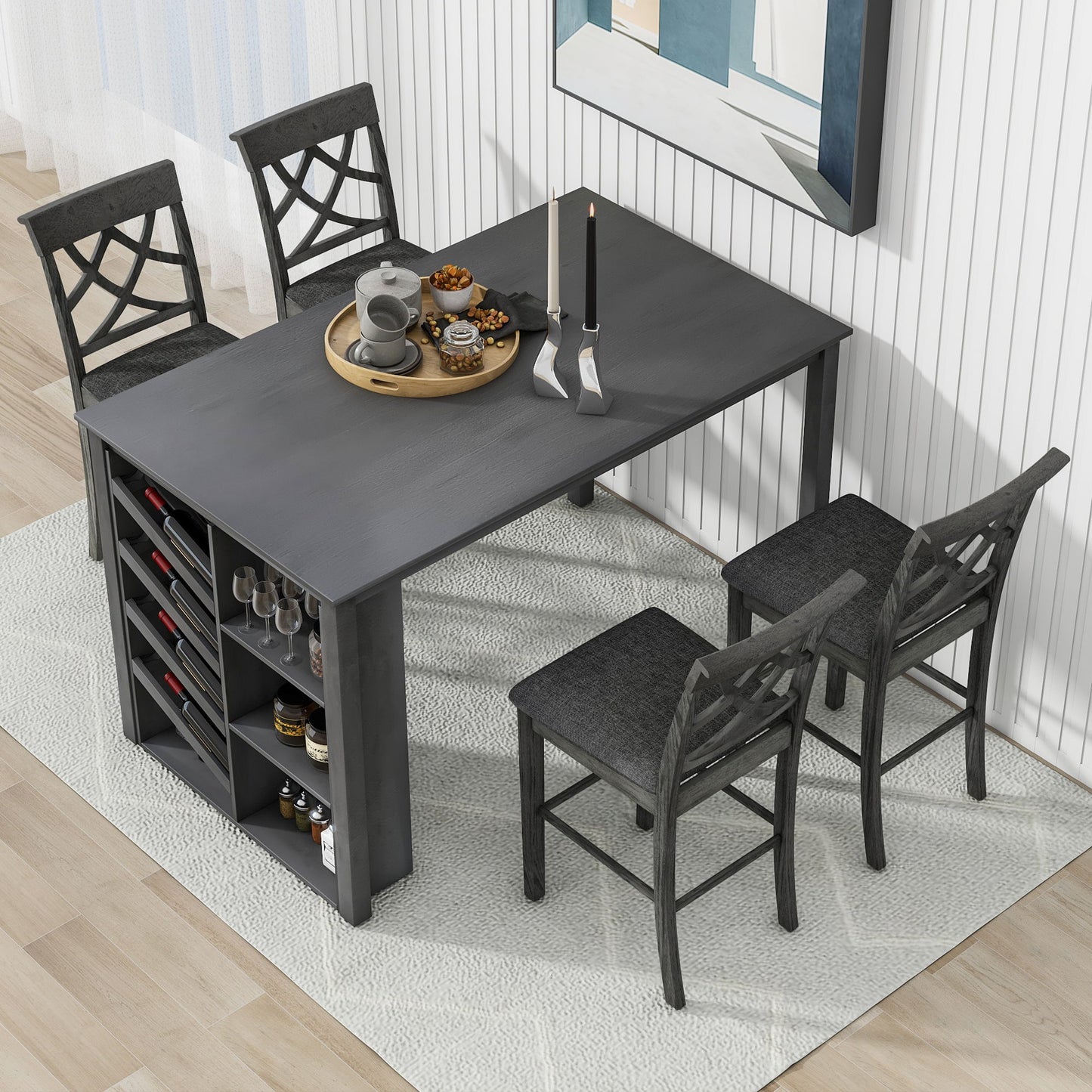 Topmax - 5 Piece Updated Counter Height Solid Wood Dining Table Set, Table With Curved Wine Rack And 4 Upholstered Chairs