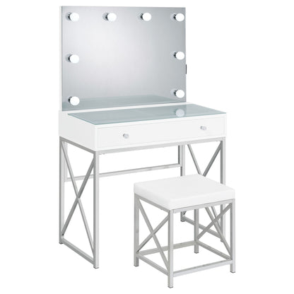 Hamlin - Makeup Vanity Table With Lighted Mirror And Padded Stool - White