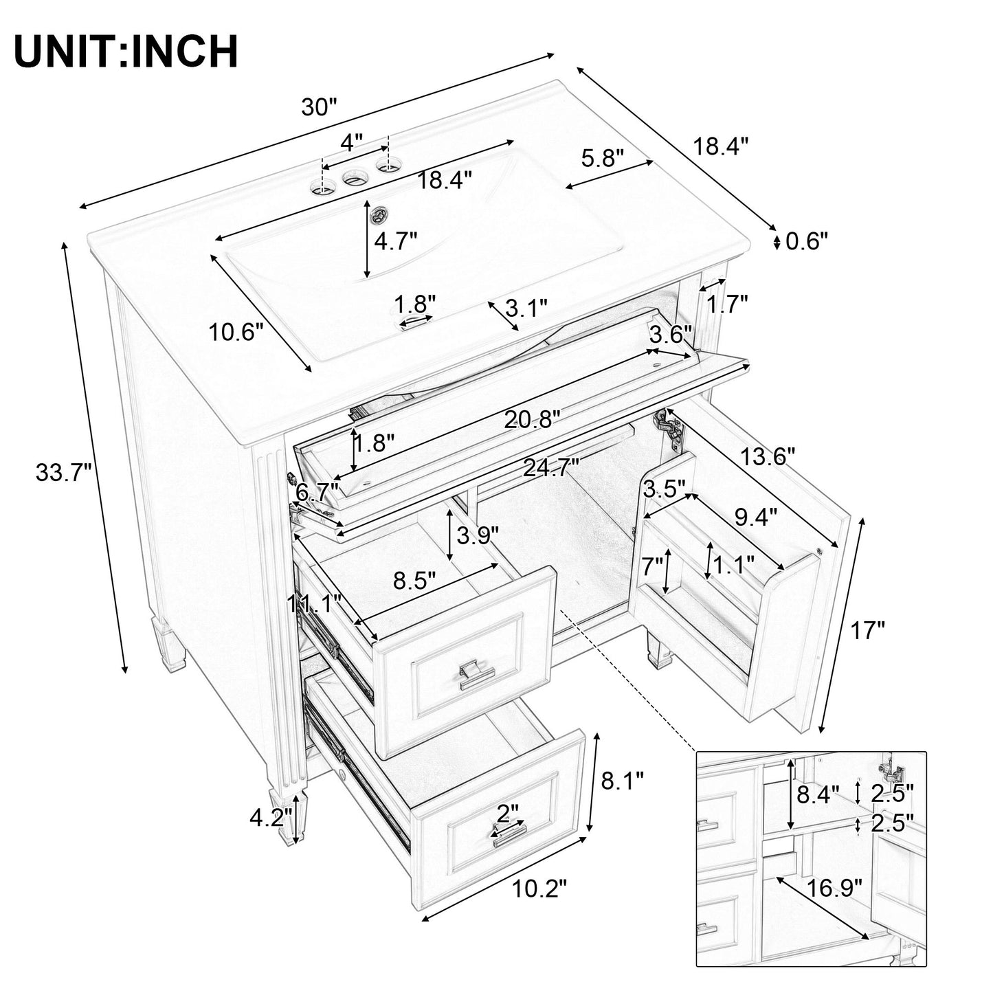 Modern Bathroom Vanity With Sink, 1 Flip Drawer And 2 Drawers, Adjustable Shelf