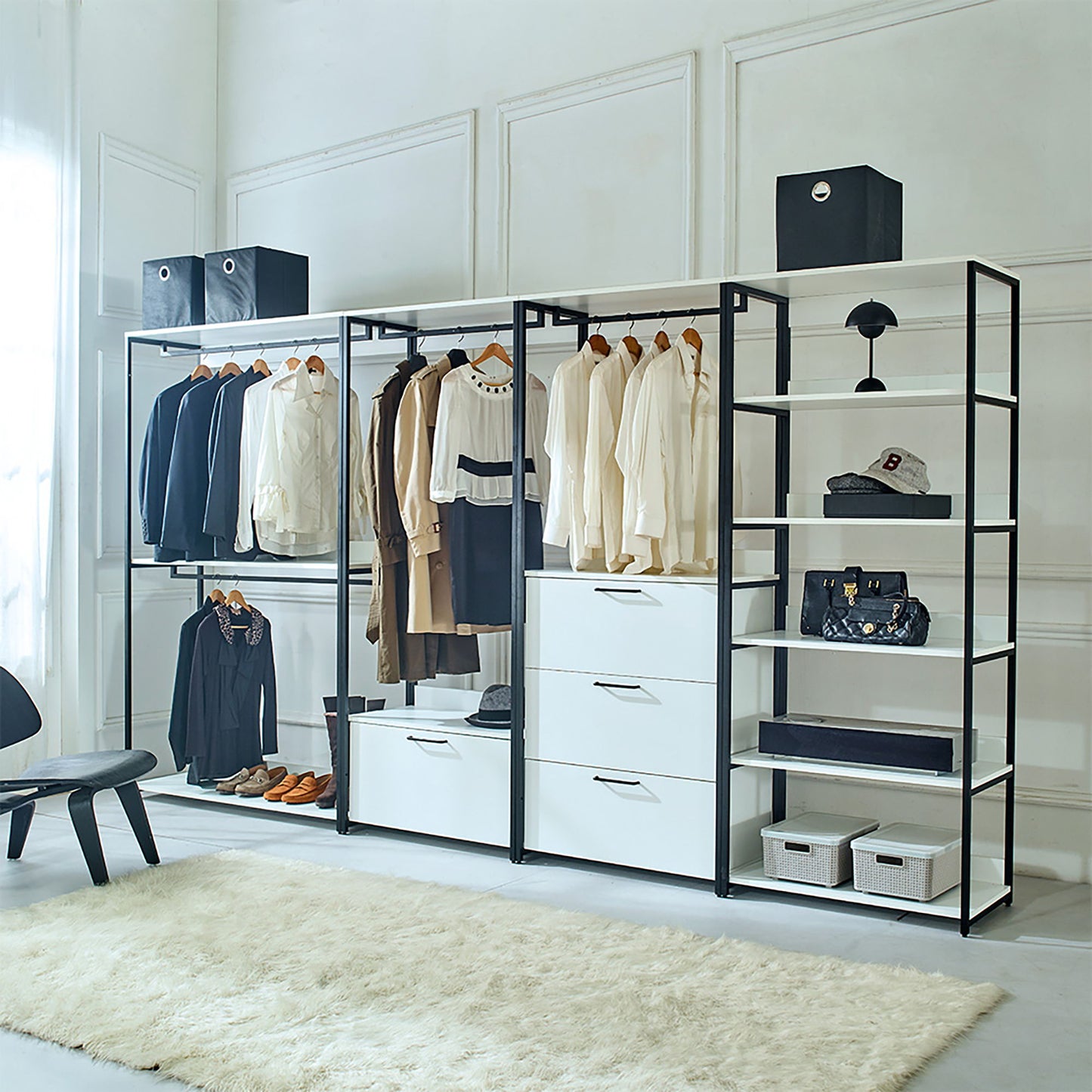 Fiona - Freestanding Walk In Wood Closet System & Metal Frame Durable Storage Solution Melamine - White