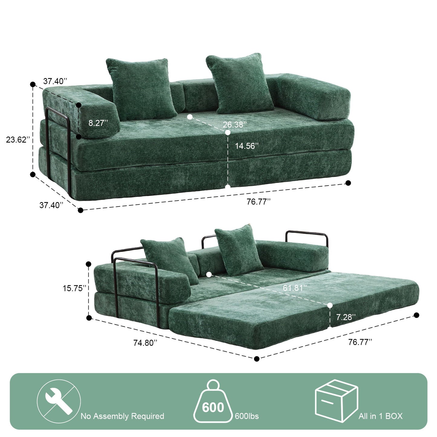 Convertible Floor Sofa Bed With Pillow Back Support Armrest