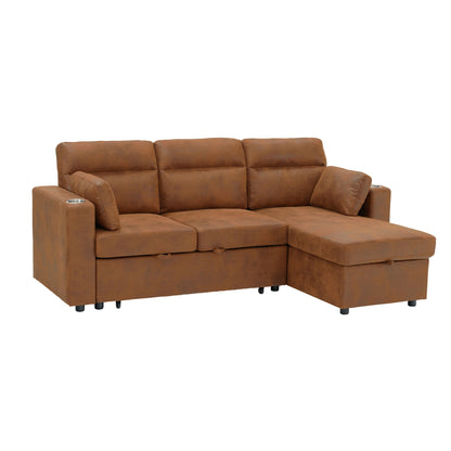 Convertible L - Shaped Sectional Sofa Bed With Storage Chaise, Cup Holders
