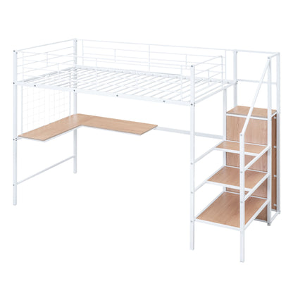 Loft Bed With Desk And Grid, Stylish Frame With Lateral Storage Ladder And Wardrobe