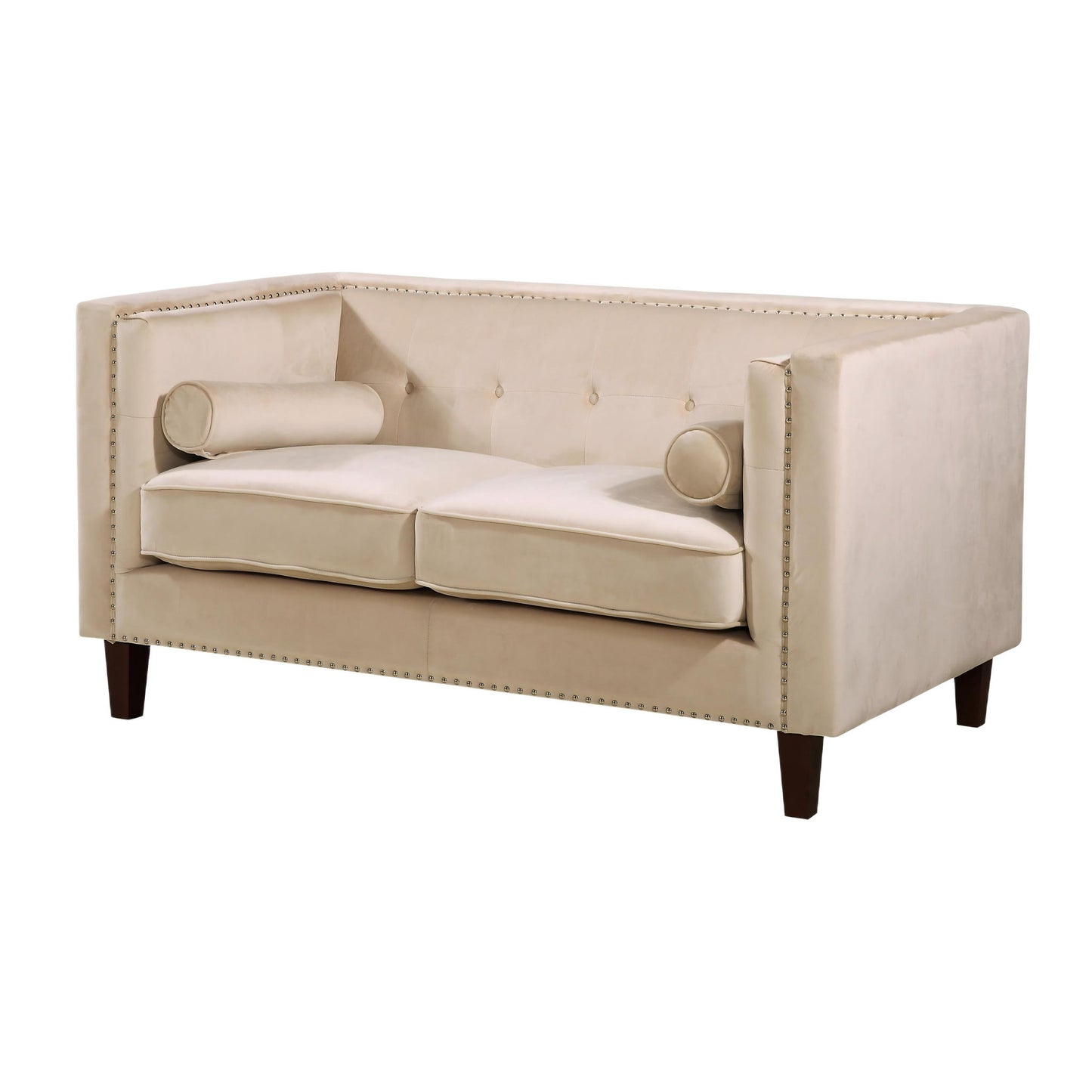 Button Tufted Square Arm Loveseat Sofa With Nailhead Trim, Upholstered 2 Seater Couch - Ivory