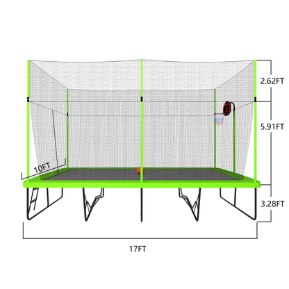 10Ft By 17Ft Rectangule Trampoline With Powder-Coated Galvanized Steel Tubes With Basketball Hoop System Advanced Ladder - Green