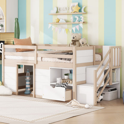 Low Loft Bed With Stair, Drawer, And Shelf