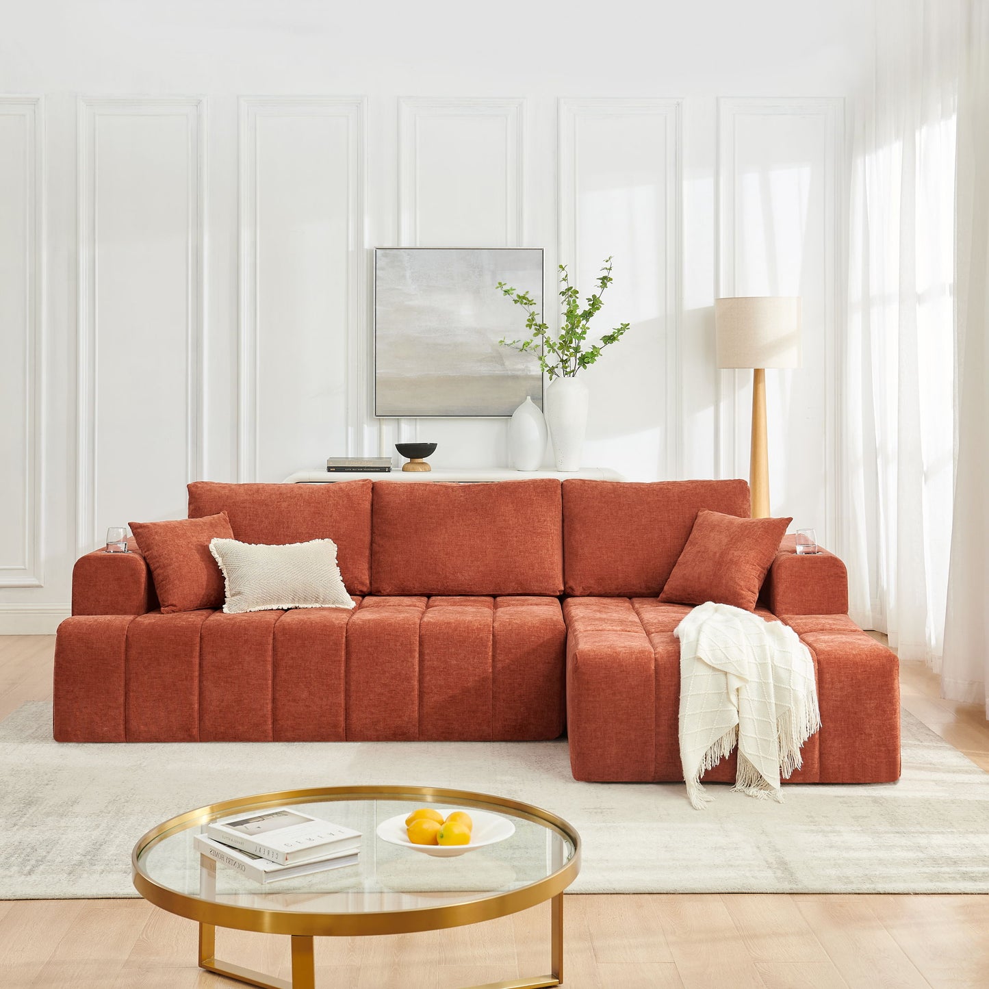L - Shaped Sectional Sofa With Cup Holders & Side Pockets