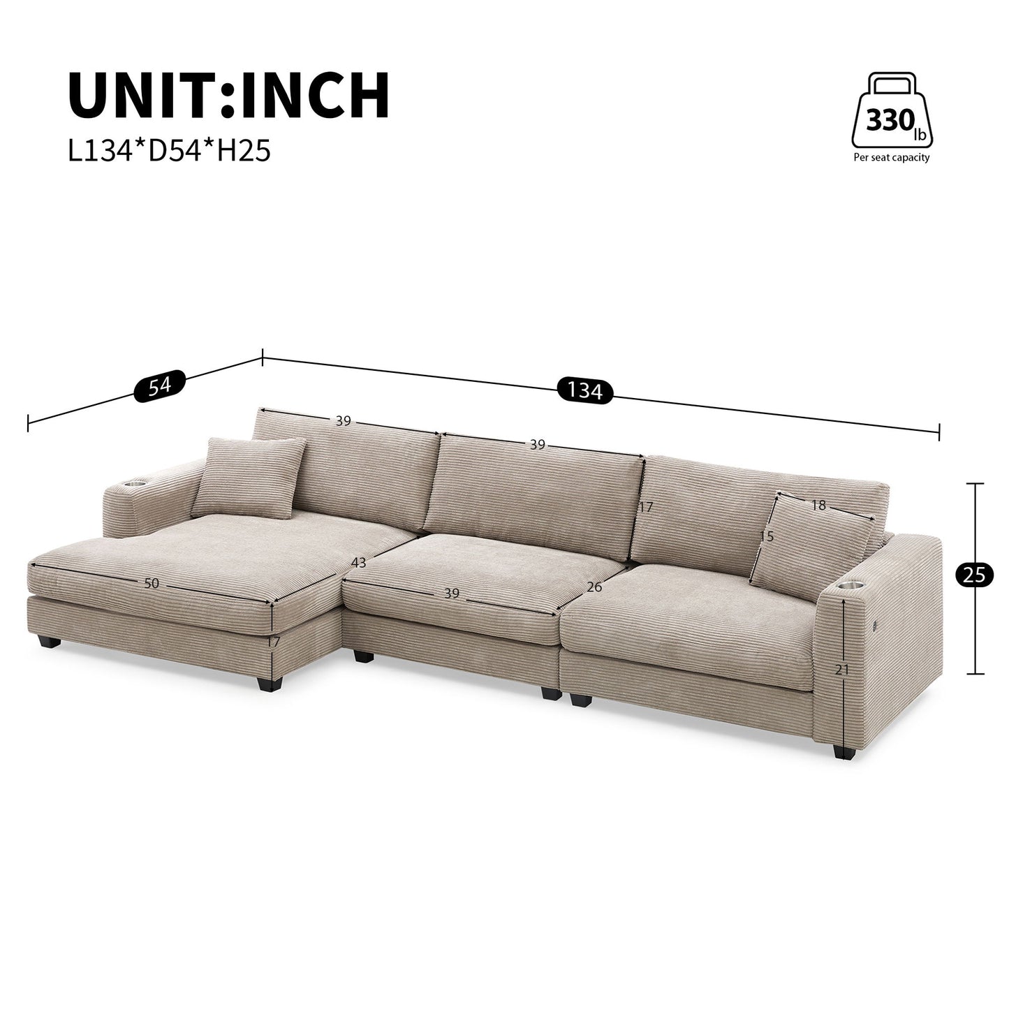 Oversized Sectional L Shaped Cloud Couch With USB Charging Port Cup Holder Deep And Wide Seat Sofa With Chaise Comfy