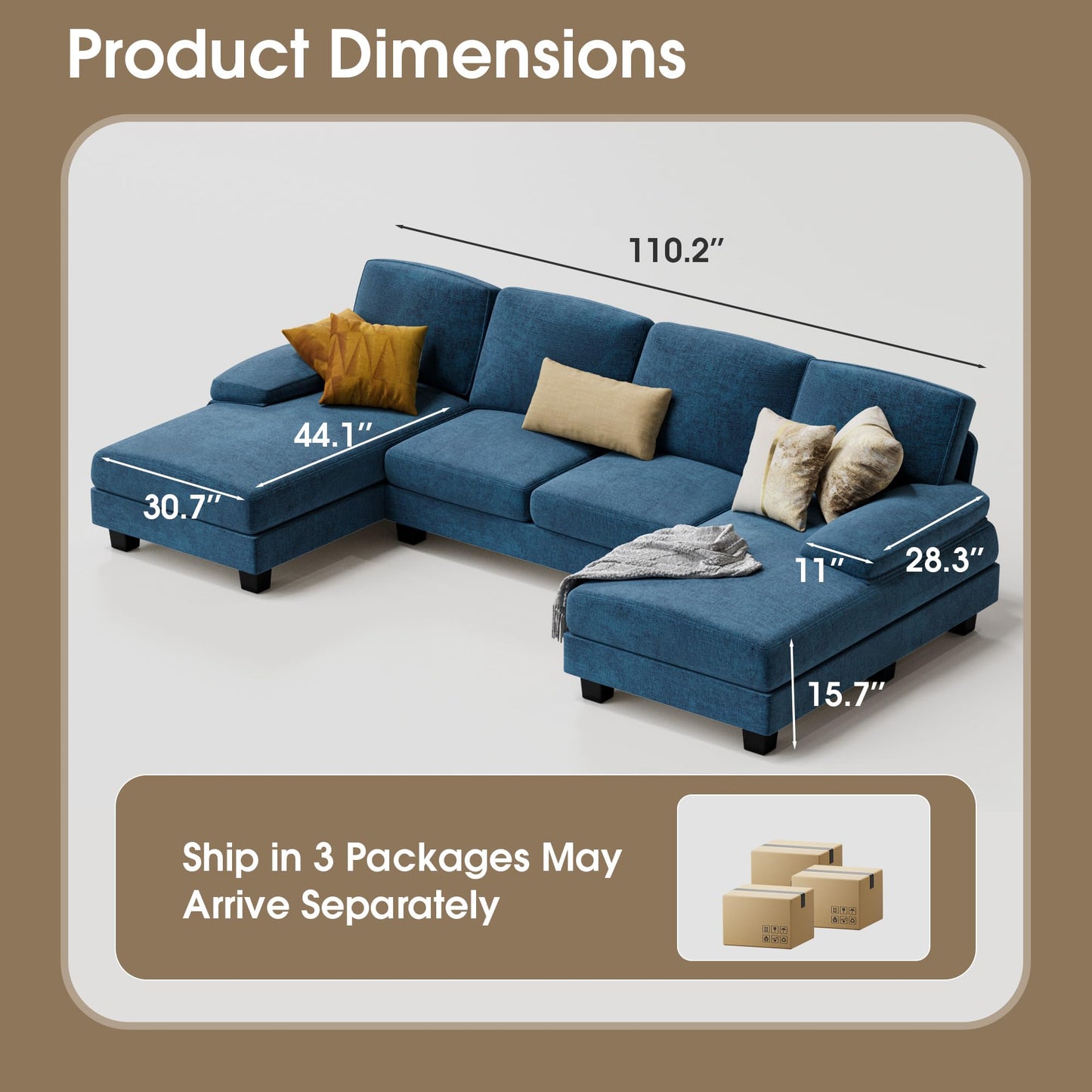 Furmax Sectional Couches for Living Room, U-Shaped Sofa Couch with Linen Fabric, 4 Seat Sofa Set with Double Chaise for Apartment (Fabric, Grey)