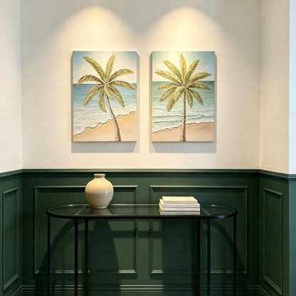 Palm Tree Wall Art, Beach Canvas Painting With Accents, Hand Painted Textured Tropical Decor (Set of 2) - Aqua Blue