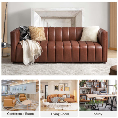 HULALA HOME 83" Genuine Leather Sofa, Sofa Leather for Living Room, 3 Seater Sofa Couch Top Layer Leather Large Sofa Furniture with Channel Tufted Seat Back & Square Arms (Camel)