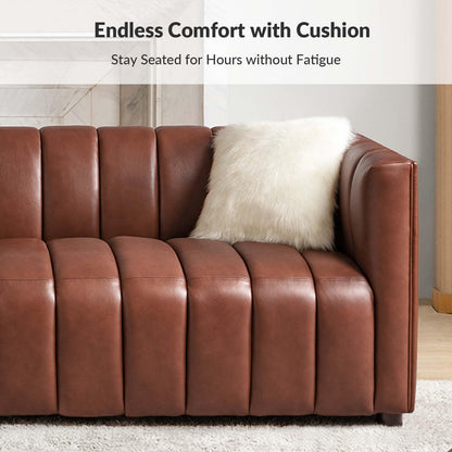 HULALA HOME 83" Genuine Leather Sofa, Sofa Leather for Living Room, 3 Seater Sofa Couch Top Layer Leather Large Sofa Furniture with Channel Tufted Seat Back & Square Arms (Camel)