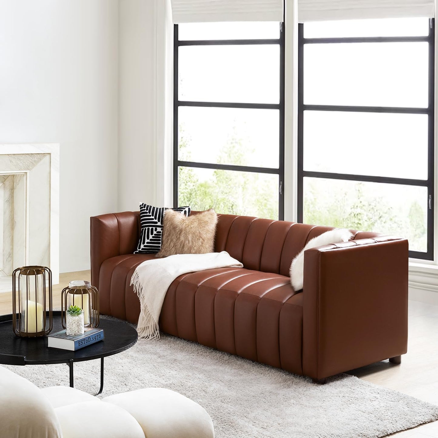 HULALA HOME 83" Genuine Leather Sofa, Sofa Leather for Living Room, 3 Seater Sofa Couch Top Layer Leather Large Sofa Furniture with Channel Tufted Seat Back & Square Arms (Camel)