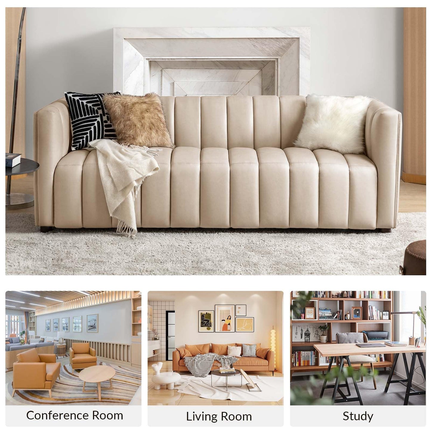 HULALA HOME 83" Genuine Leather Sofa, Sofa Leather for Living Room, 3 Seater Sofa Couch Top Layer Leather Large Sofa Furniture with Channel Tufted Seat Back & Square Arms (Camel)