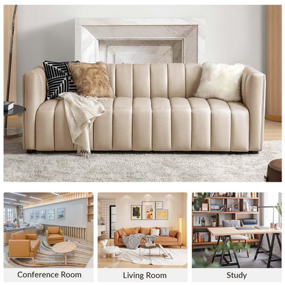 HULALA HOME 83" Genuine Leather Sofa, Sofa Leather for Living Room, 3 Seater Sofa Couch Top Layer Leather Large Sofa Furniture with Channel Tufted Seat Back & Square Arms (Camel)