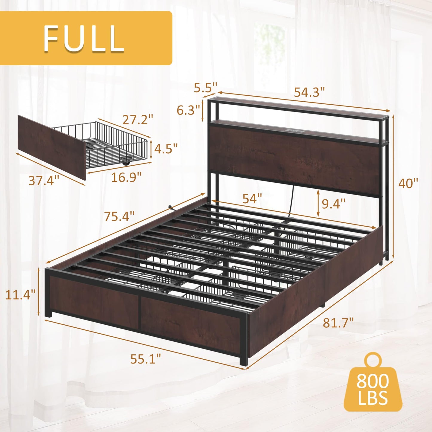 Lifezone Queen Bed Frame with 2-Tier Storage Headboard, Metal Platform Bed Frame with 4 Storage Drawers, Built in Charging Station & LED, Noise-Free/Metal Support/No Box Spring Needed, Vintage Brown
