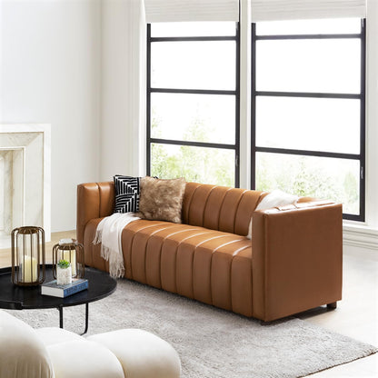 HULALA HOME 83" Genuine Leather Sofa, Sofa Leather for Living Room, 3 Seater Sofa Couch Top Layer Leather Large Sofa Furniture with Channel Tufted Seat Back & Square Arms (Camel)