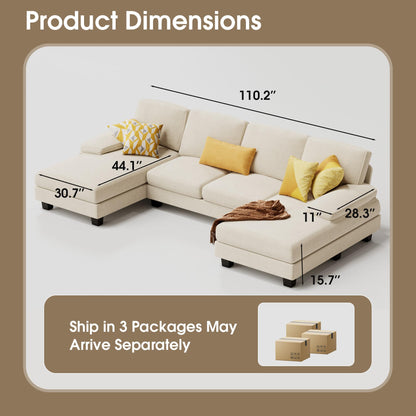 Furmax Sectional Couches for Living Room, U-Shaped Sofa Couch with Linen Fabric, 4 Seat Sofa Set with Double Chaise for Apartment (Fabric, Grey)