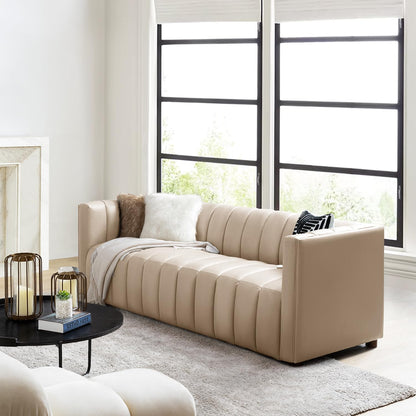 HULALA HOME 83" Genuine Leather Sofa, Sofa Leather for Living Room, 3 Seater Sofa Couch Top Layer Leather Large Sofa Furniture with Channel Tufted Seat Back & Square Arms (Camel)