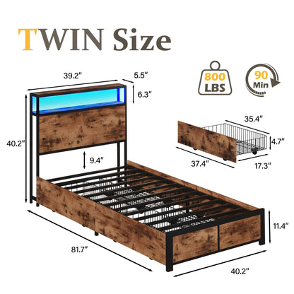 Lifezone Queen Bed Frame with 2-Tier Storage Headboard, Metal Platform Bed Frame with 4 Storage Drawers, Built in Charging Station & LED, Noise-Free/Metal Support/No Box Spring Needed, Vintage Brown