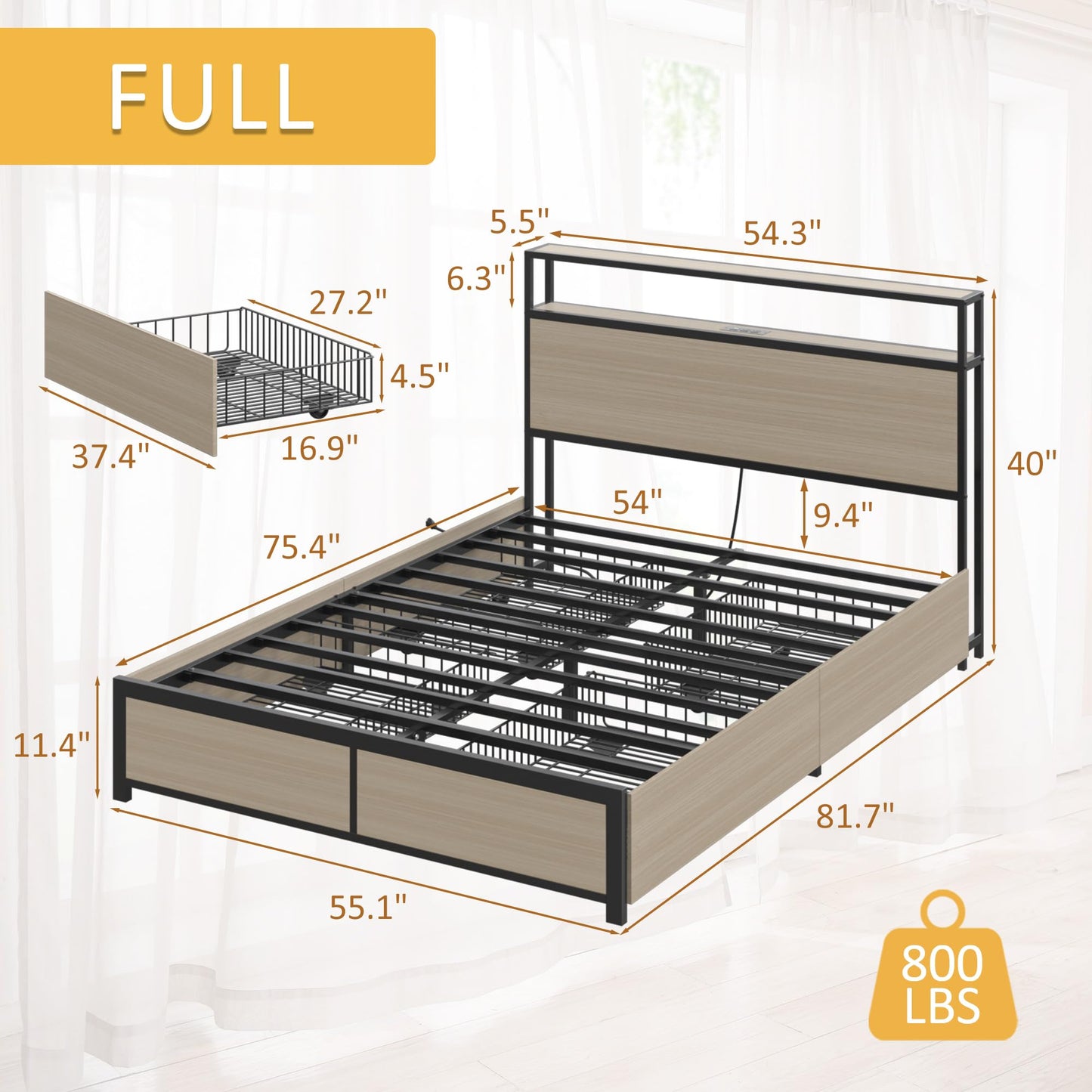 Lifezone Queen Bed Frame with 2-Tier Storage Headboard, Metal Platform Bed Frame with 4 Storage Drawers, Built in Charging Station & LED, Noise-Free/Metal Support/No Box Spring Needed, Vintage Brown