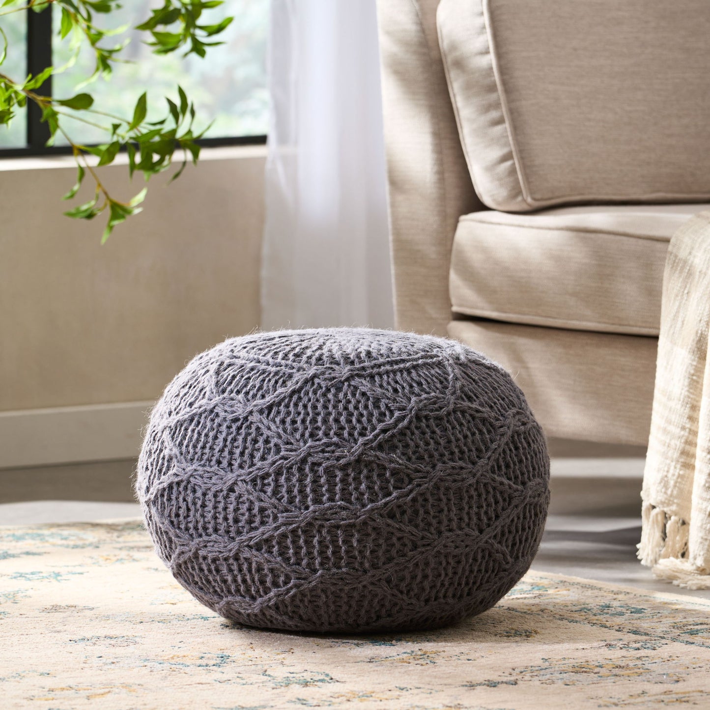 Malibu - Modern Knitted Wool Round Pouf With Handcrafted Design - Charcoal