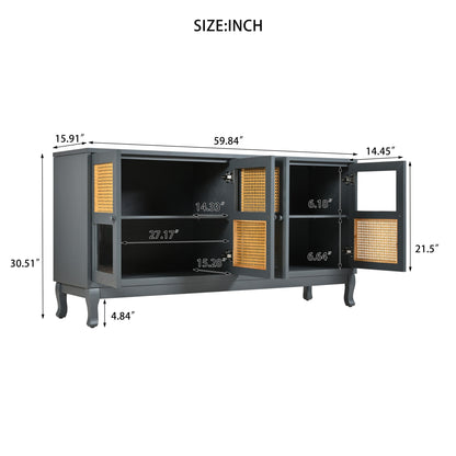 Retro Industrial 4 Door Sideboard With Large Storage, Rattan And Glass Doors