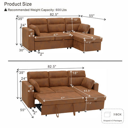 Convertible L - Shaped Sectional Sofa Bed With Storage Chaise, Cup Holders