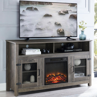 Modern Farmhouse TV Stand With Electric Fireplace, Fit Up To Flat Screen TV With Storage Cabinet And Adjustable Shelves Industrial Entertainment Center For Living Room - Gray