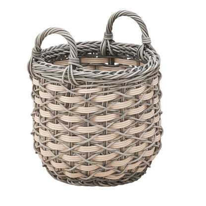 Round Resin Woven Wicker Multi Use Storage Basket With Handles - Cream / Gray