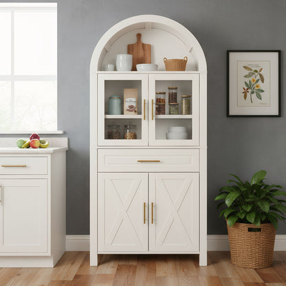 Arched Kitchen Pantry Cabinet With Adjustable Shelves & Barn Door Design