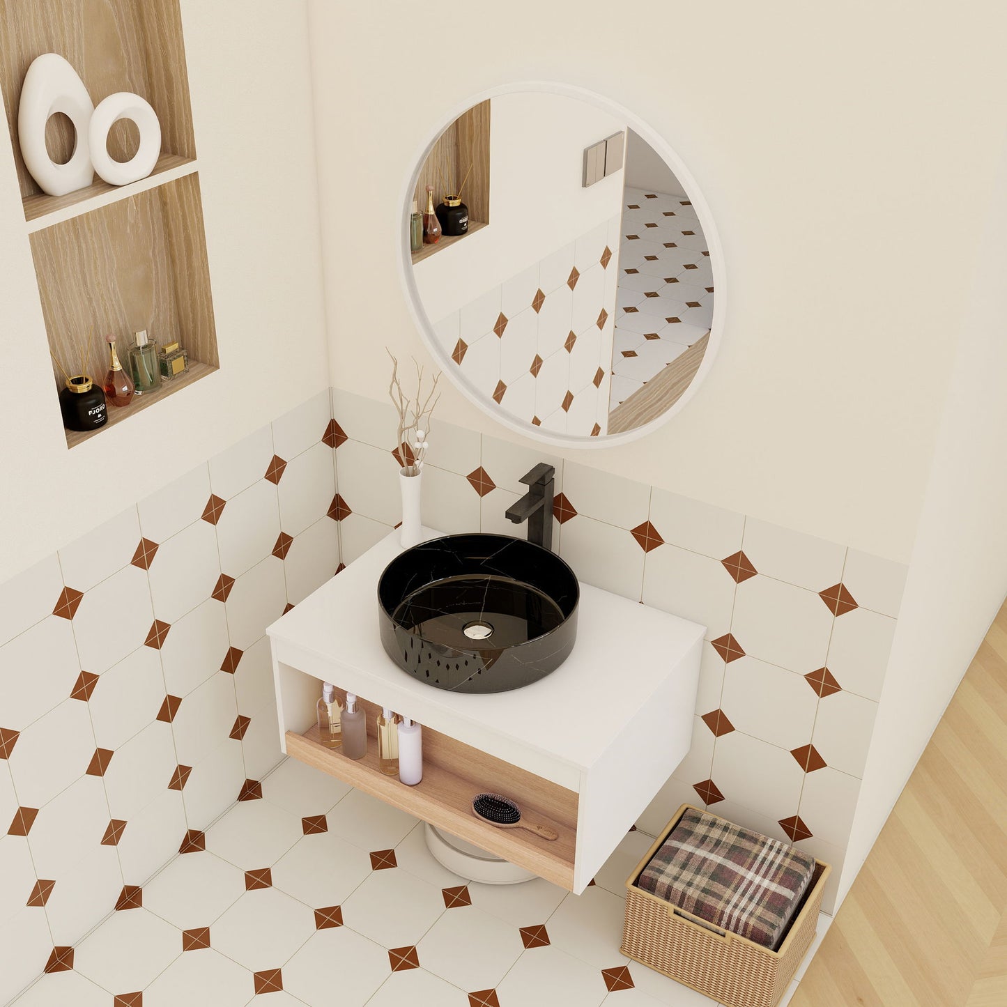 Floating Bathroom Vanity With Vessel Sink With Open Shelf Storage