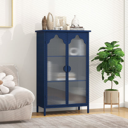 2 Doors Metal Storage Cabinet Display Cabinet With Glass Doors Metal Kitchen Sideboard Buffet Cabinet Glass Storage Cabinet For Dining Room Living Room Bedroom - Dark Blue