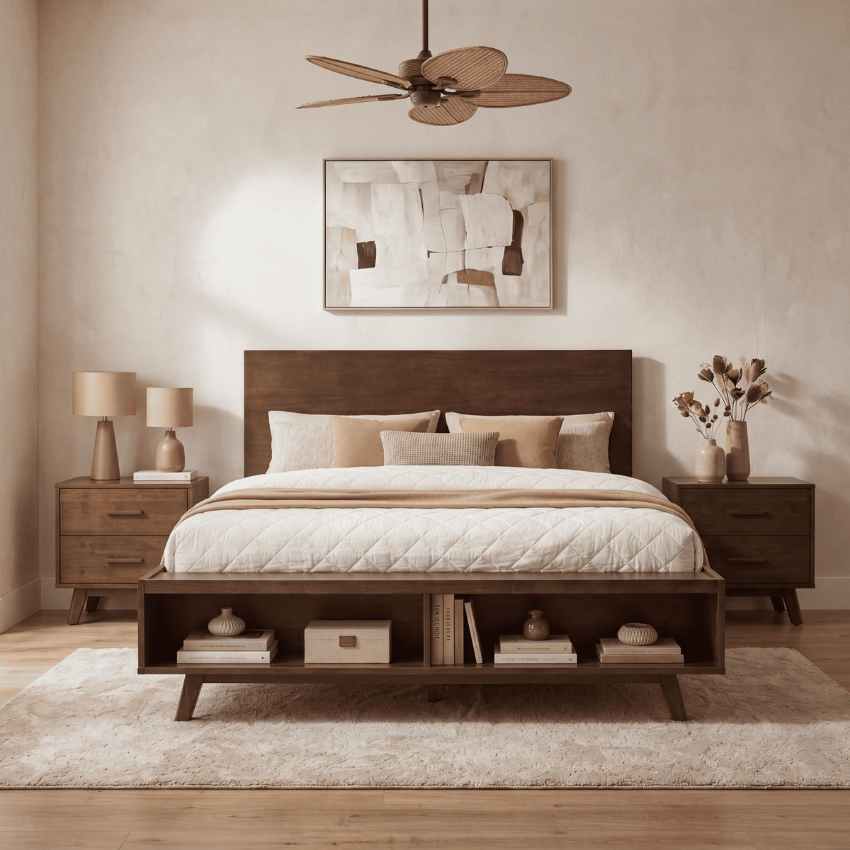 Queen Size Platform Bed Frame With Footboard Storage - Walnut