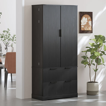 Fluted Kitchen Pantry Cabinet With 2 Large Drawers & 8 Door Spice Rack