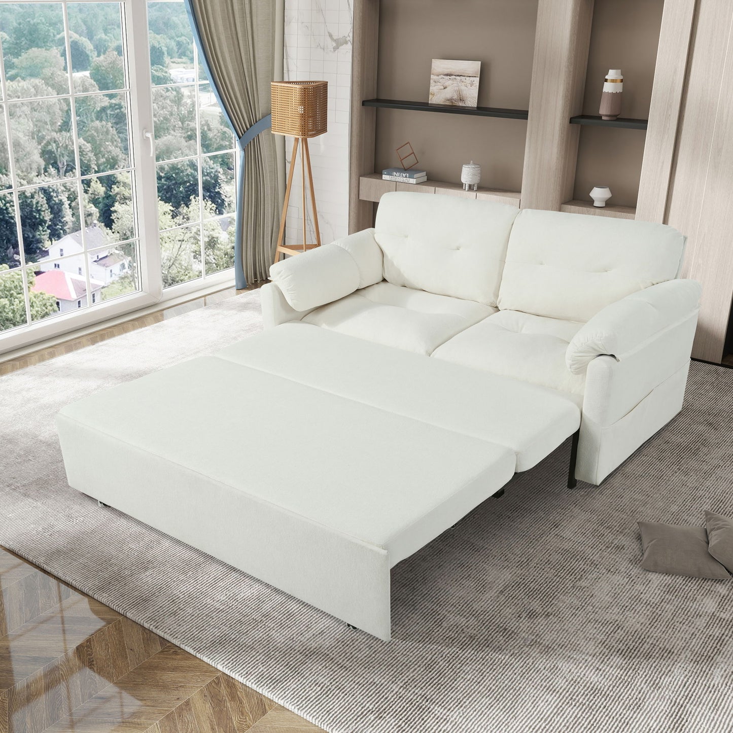 Convertible Pull Out Sofa Bed Queen Size, 3 In 1 With Side Storage
