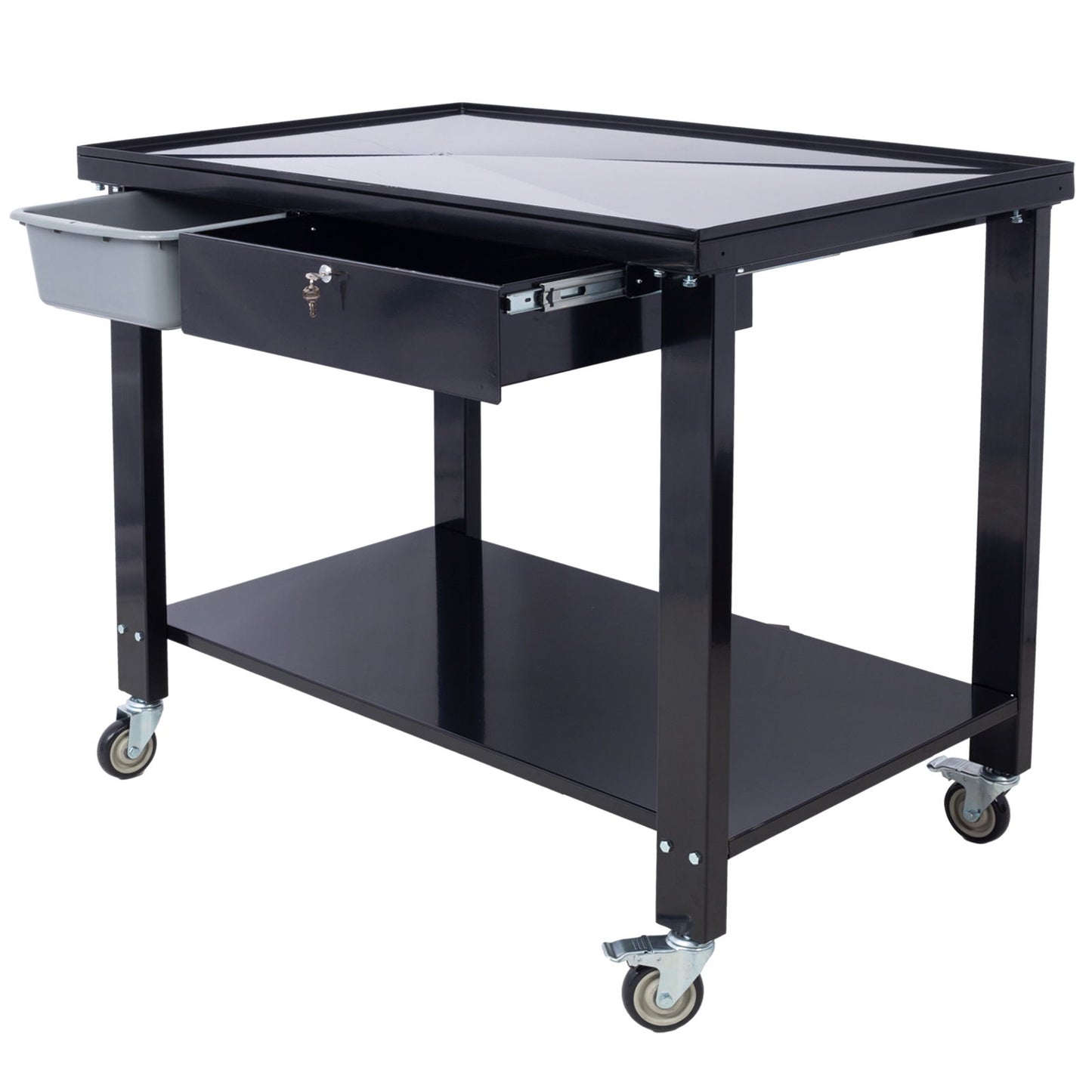 Transmission Teardown Work Station 1 / 2 Ton Capacity Sloping Drain Table Locking Drawer Removable Drain Basin Full-Width Lower Shelf Four 4" Caster Wheels