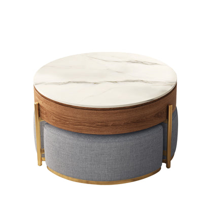 Lift Top Round Coffee Table With Hidden Storage, 3 Upholstered Nesting Ottomans - Brown / Gray / Golden / White