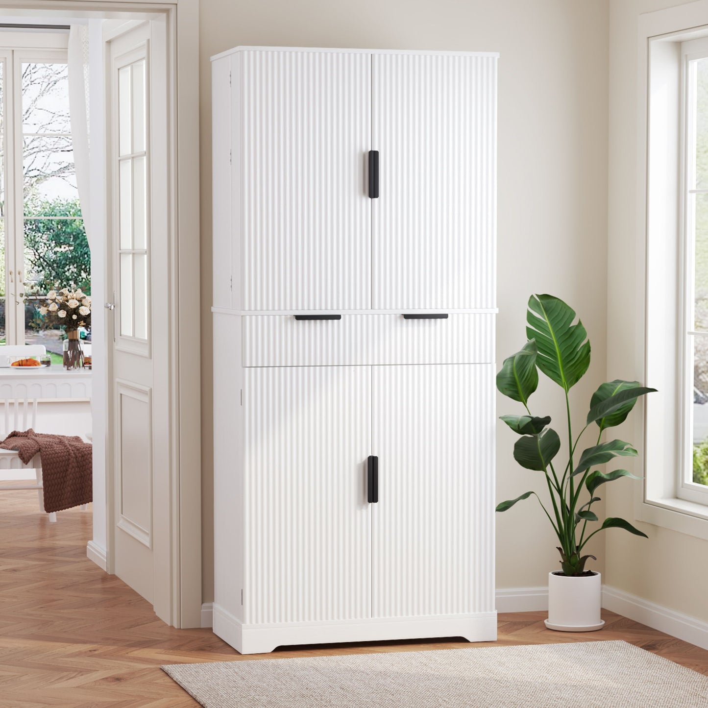 Fluted Kitchen Pantry Cabinet With 3 Keyboard Drawers & 6 Adjustable Door Shelves