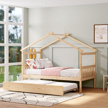 Wooden House Bed With Twin Size Trundle