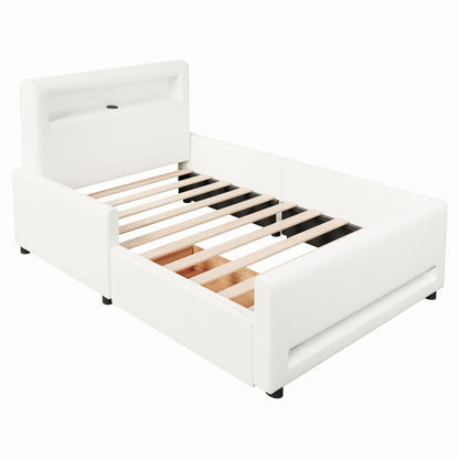 Upholstered Platform Bed With Drawer, LED Light Strip, USB Port