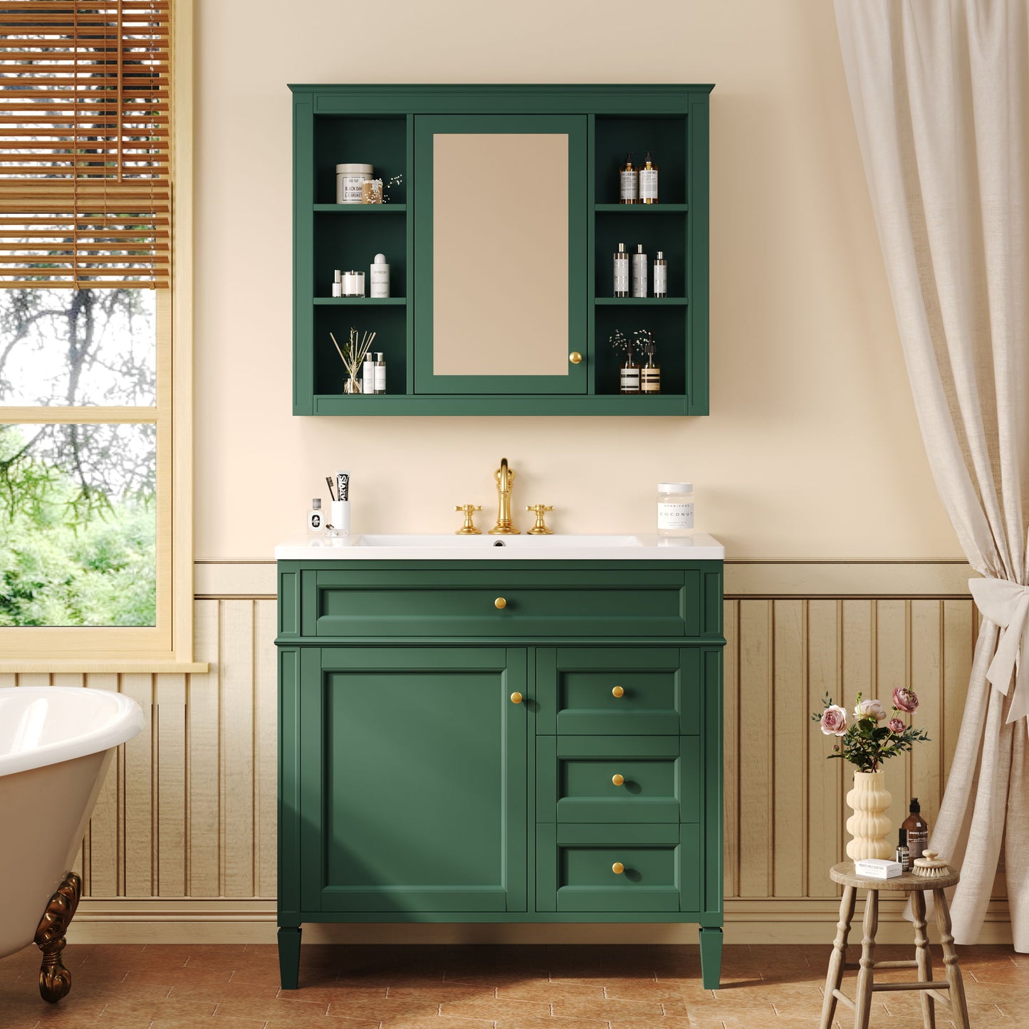 Bathroom Vanity With Top Sink, Storage Cabinet With Mirror, 2 Doors, 3 Drawers, 6 Open Shelves