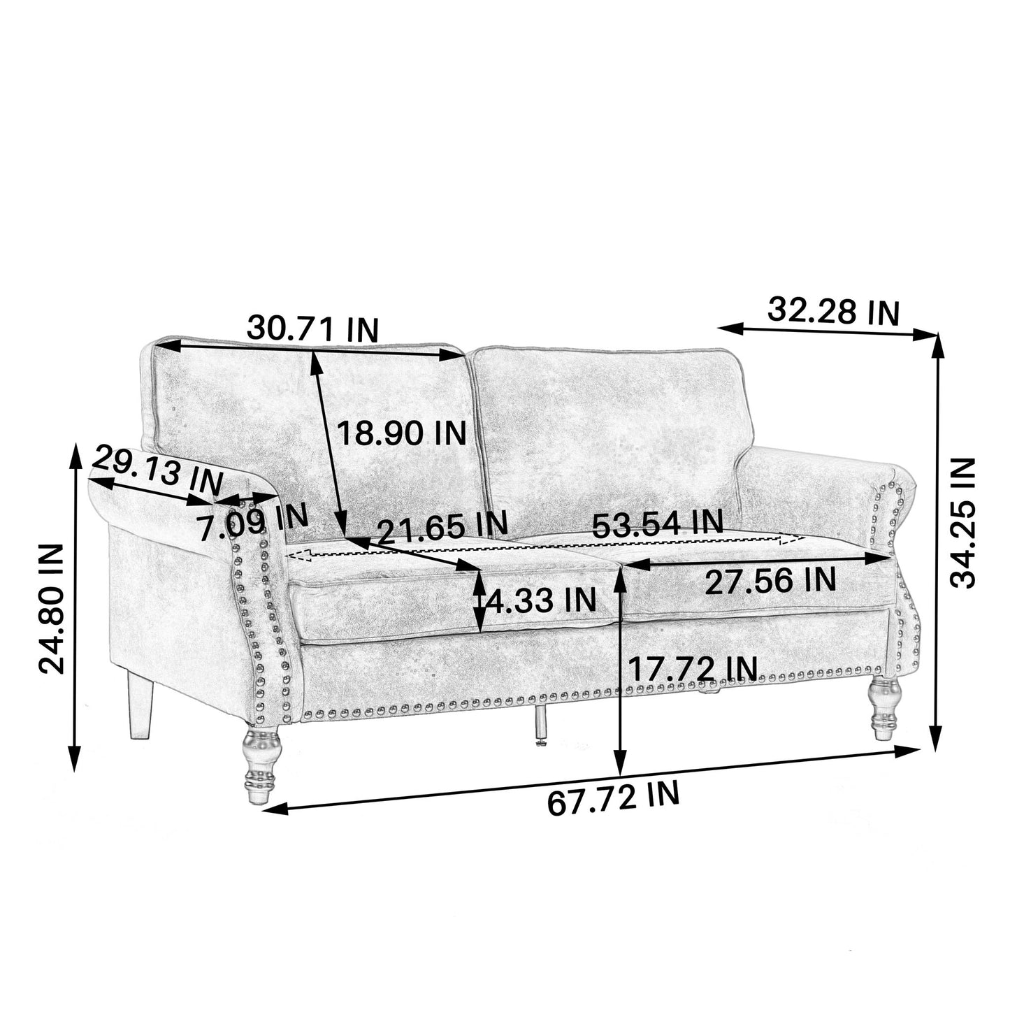 Rolled Arm Sofa With Nailhead Trim With Wooden Legs