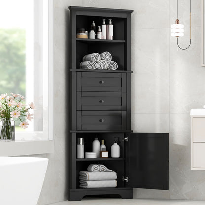Tall Storage Cabinet With 3 Drawers And Adjustable Shelves For Bathroom