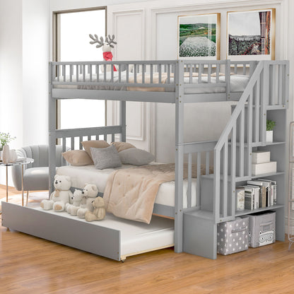 Twin Over Twin Bunk Bed With Trundle And Storage - Gray