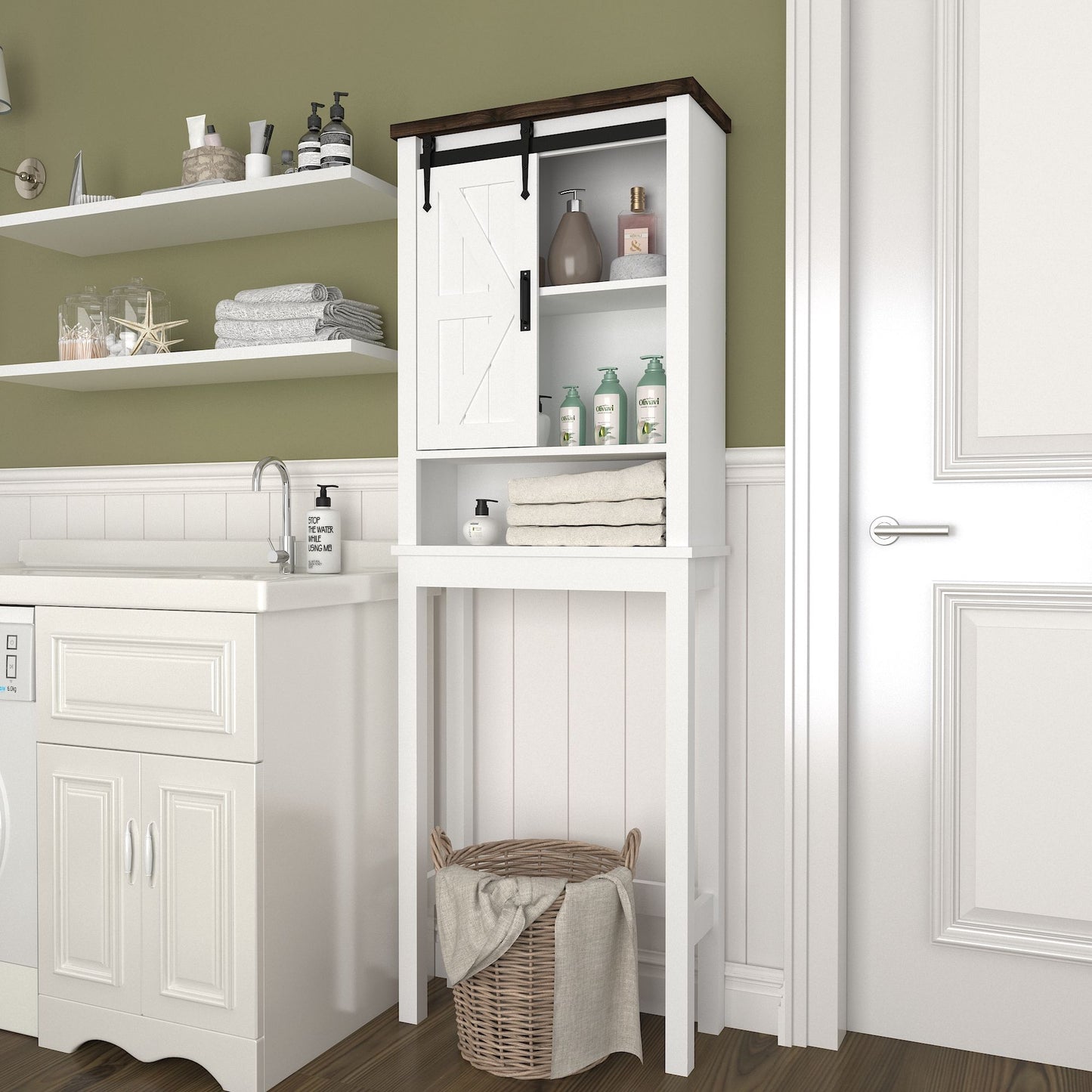 Over The Toilet Storage Cabinet, Farmhouse Above Toilet Storage Cabinet With Adjustable Shelves & Sliding Barn Doors, Organizers Over Toilet For Bathroom, Living Room - White