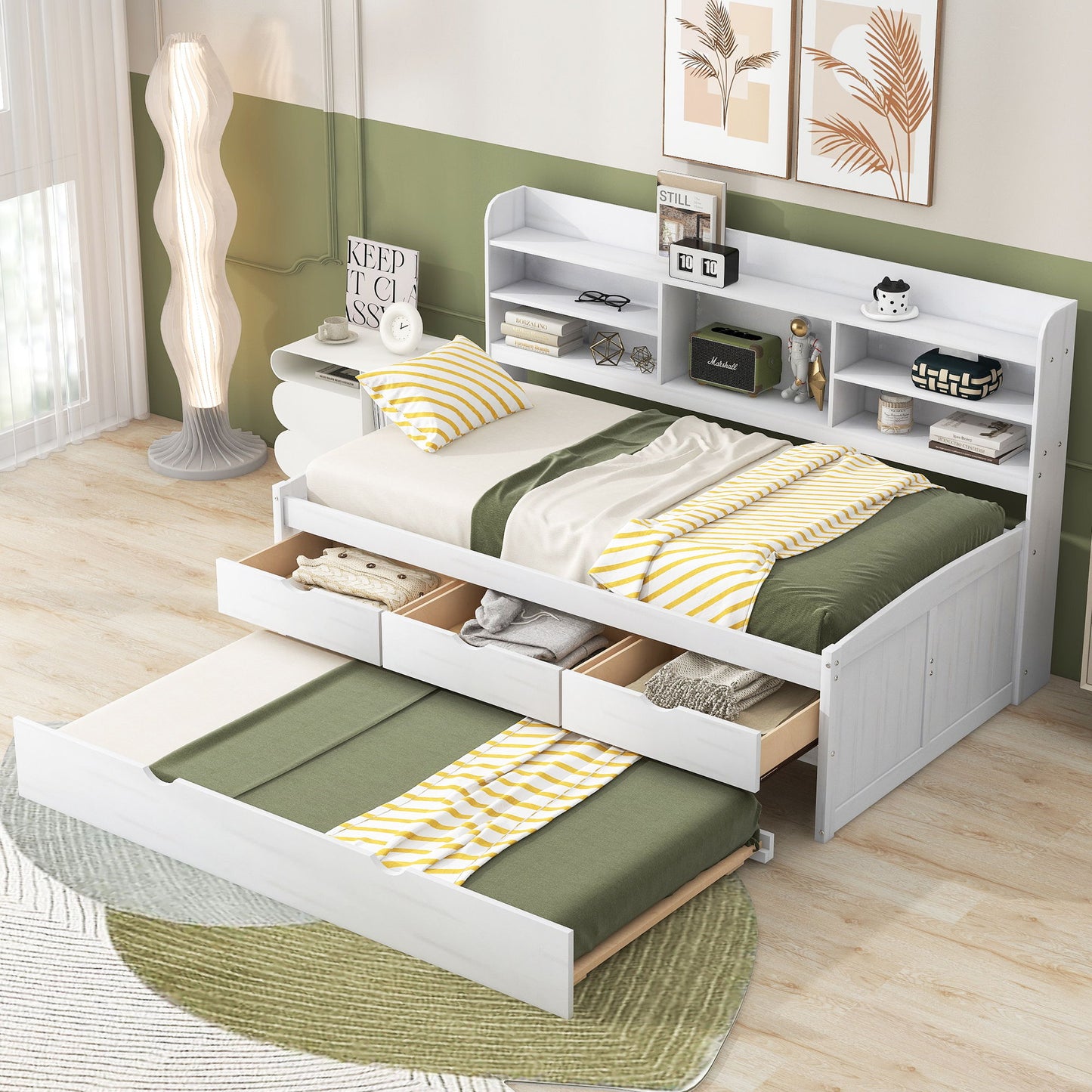 Captain Bed With Built In Bookshelves, 3 Storage Drawers, And Trundle